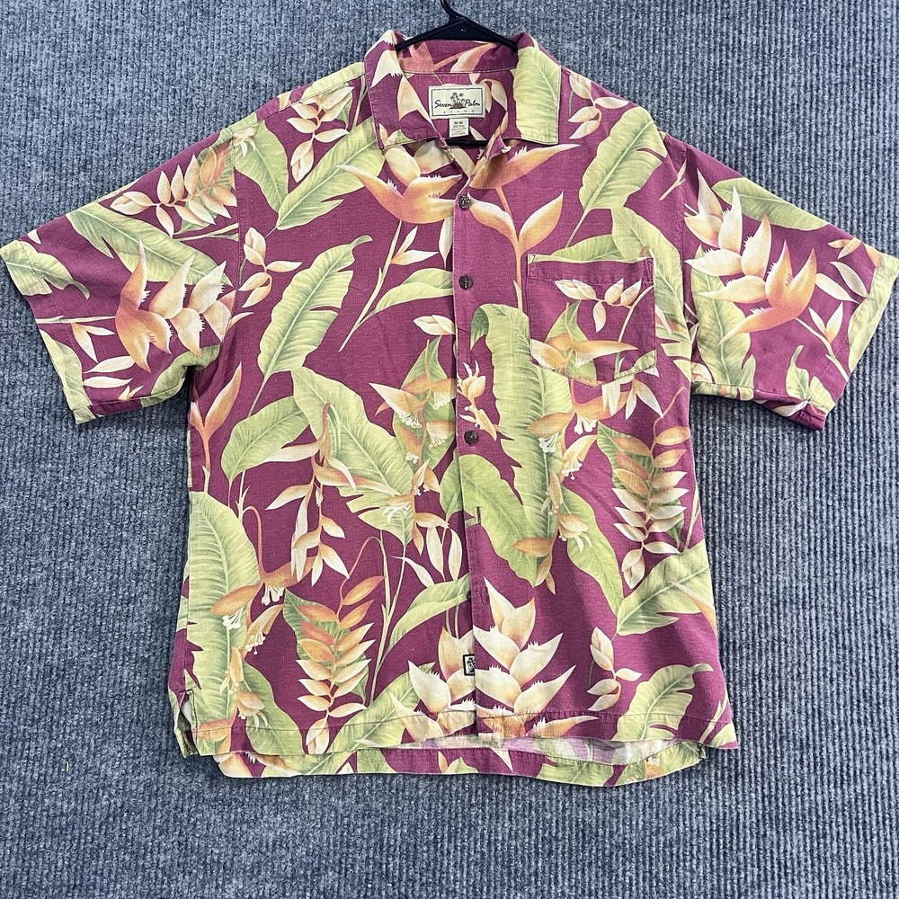 Seven Palm Brand Vintage 100% Silk Hawaiian Shirt Mens Medium Burgundy Floral